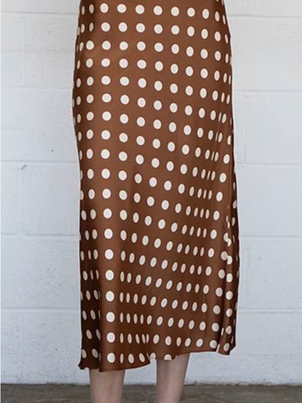 Anthropologie Brown Satin Midi Skirt with White Polka Dots